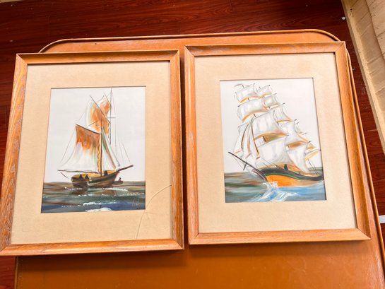 (KX-202) PAIR OF VINTAGE OIL PAINTING OF SAIL BOATS ON SATIN -FRAMED EA. 17' X 20' SIGNED FB