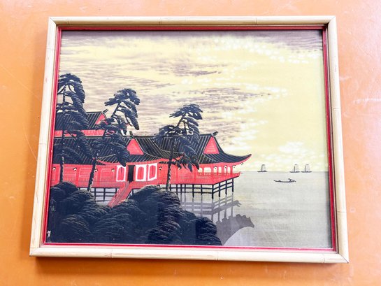 (KX) VINTAGE FRAMED PAINTING ON SILK/CLOTH-RED PAGODA ON WATER-18' X 14'
