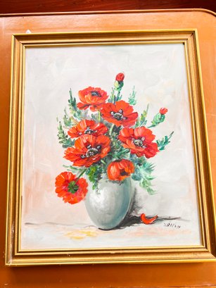 (KX) VINTAGE FRAMED OIL PAINTING-RED POPPY PAINTING-SIGNED-27' X 23'