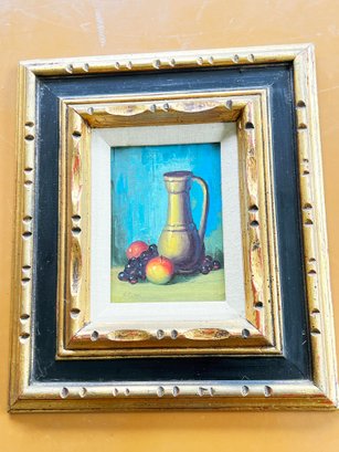 (KX-73) VINTAGE FRAMED AND SIGNED OIL PAINTING STILL LIFE WITH WINE & FRUIT ON CANVAS - 16' X 14'