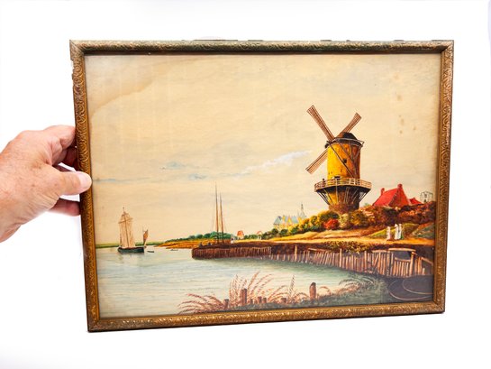 (A-39) VINTAGE ORIGINAL 1920'S GOUACHE PAINTING OF HOLLAND WINDMILLS BY H.C. MENZE-FRAMED-APPROX. 17' X 13'