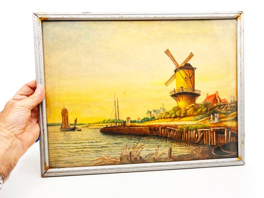 (A-40) VINTAGE ORIGINAL GOUACHE PAINTING OF HOLLAND WINDMILLS BY H.C. MENZE-FRAMED-APPROX. 17' X 13'