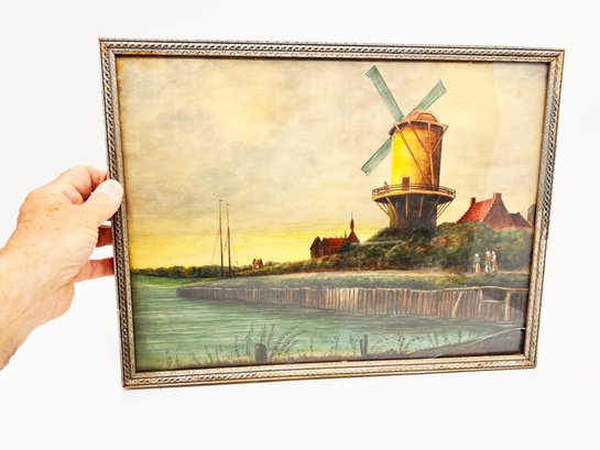 (A-41)  ORIGINAL 1925 GOUACHE PAINTING OF HOLLAND WINDMILLS BY H.C. MENZE  -FRAMED-APPROX. 18' X 13'
