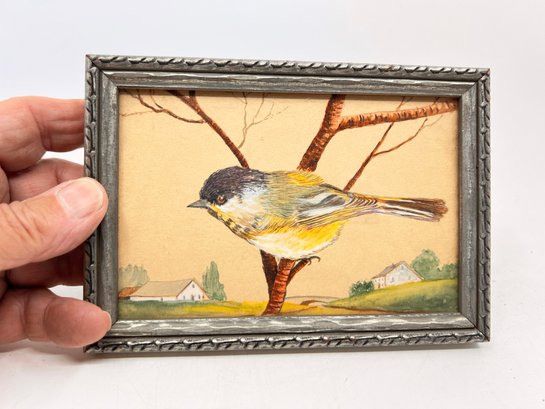 (A-44) CHARMING VINTAGE GOUACHE PAINTING OF 'CHICKADEE' CIRCA 1950'S - APPROX. 7' X 5'- CAN BE SHIPPED