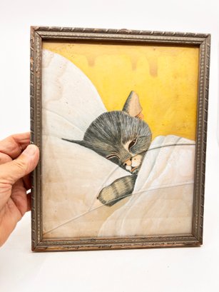 (A-46) CHARMING VINTAGE SLEEPING CAT PAINTING ON BOARD CIRCA 1950'S - FRAME GLASS IS BROKEN -11' X 9'