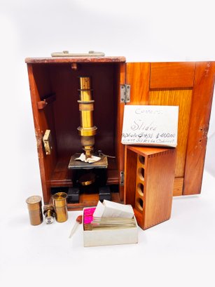 (A-54) ANTIQUE  BRASS BAUSH AND LOMB MICROSCOPE-IN ORIGINAL WOODEN BOX W/ACCESS. SHOWN