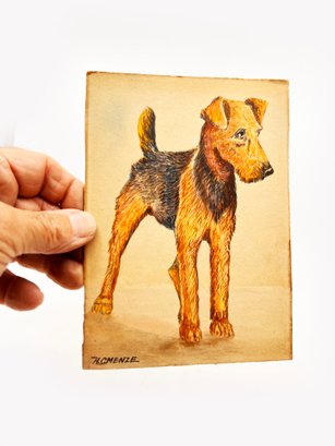 (A-64) CHARMING VINTAGE 'AIRDALE' DOG PAINTING ON PAPER CIRCA 1940'S - SIGNED 'HC MENZE'- APPROX. 5' X 7'