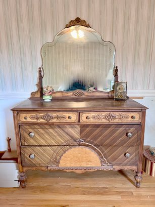 (UP) ANTIQUE ART NOUVEAU MAPLE CHEST OF DRAWERS WITH MATCHING MIRROR - 50' BY 21' BY 35'H, 70' HIGH W/MIRROR