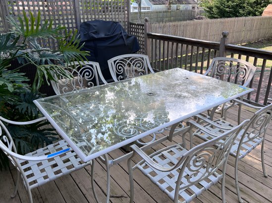 WHITE CAST ALUMINUM PATIO SET WITH SIX CHAIRS & GLASS TOP - 72'L BY 42'W BY 28'H