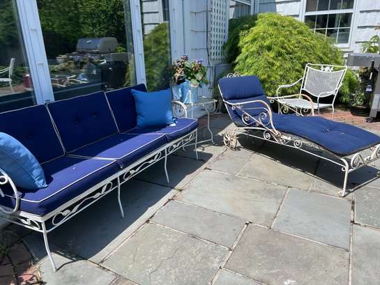 PAIR- VINTAGE CAST METAL PATIO LOUNGE CHAIR & THREE SEAT SOFA - 54' BY 30' BY 25' & SOFA: 68' BY 27' BY 20'
