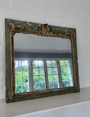 (B-3) PERFECTLY CHIPPY ANTIQUE FRENCH PAINTED WOOD MIRROR WITH DECORATIVE MOLDING - PARIS CHIC -34' BY 32'