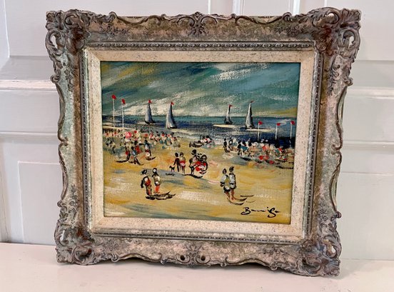(H-2) LOVELY JOHN WALTER BEAUVAIS (1942-1998) ORIGINAL OIL PAINTING 'CROWDS ON THE BEACH' - 16' BY 14'