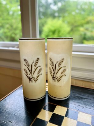 (KX-52) PAIR OF VINTAGE CUSTARD GLASS CYLINDER VASES PAINTED WITH WHEAT -12' BY 5'
