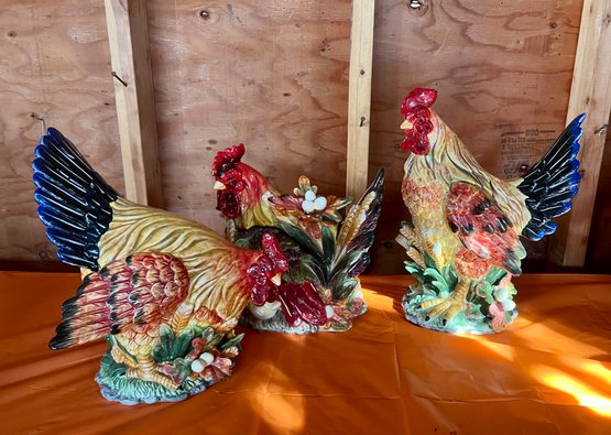(G-6) THREE CERAMIC KITCHEN ROOSTERS - TWO FIGURINES & A LIDDED ROOSTER CANISTER - 12'-14'
