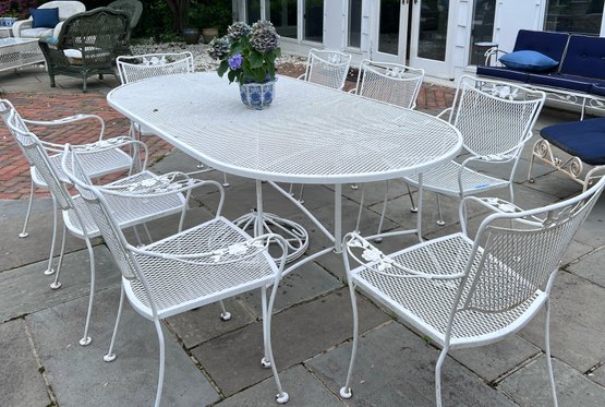 EIGHT SEAT VINTAGE WHITE CAST METAL PATIO TABLE & CHAIRS - OVAL BASKETWEAVE TABLE & CHAIRS -84' BY 42' BY 29'