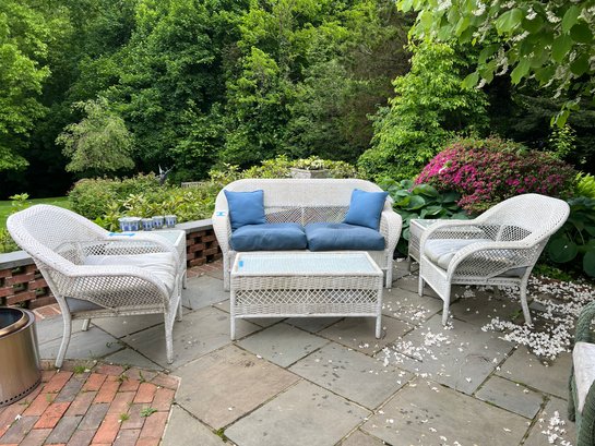 SIX PIECE SUITE OF WHITE VINYL PATIO FURNITURE - TWO SEAT SOFA, PAIR OF ARMCHAIRS, COFFEE TABLE & PAIR OF END