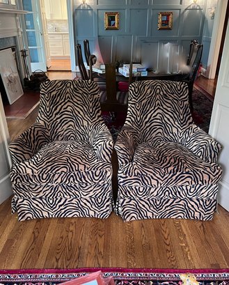 (E-7) CHIC PAIR OF ZEBRA PRINT UPHOLSTERED HIGH BACK ARMCHAIRS - 35' BY 28' BY 21'