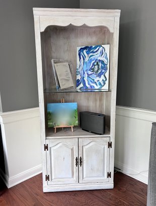 (DEN) CONTEMPORARY WHITE WASHED WOOD DISPLAY CABINET WITH STORAGE- 76' BY 32' BY 18'