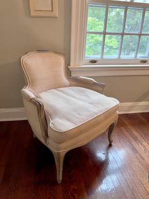 (UPHALL) VINTAGE FRENCH PROVINCIAL EXTRA DEEP ARMCHAIR WITH DISTRESSED WOOD FRAME -31' BY 22' BY 28'