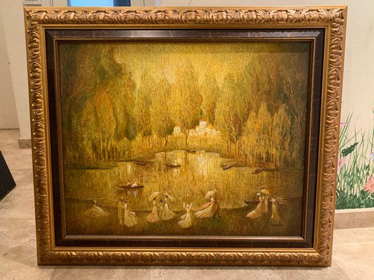 (B-210) ARTIST SIGNED ORIGINAL OIL ON CANVAS -'r. MIGONYAN?' - AFTERNOON BY THE LAKE IN YELLOW - 49' BY 42'
