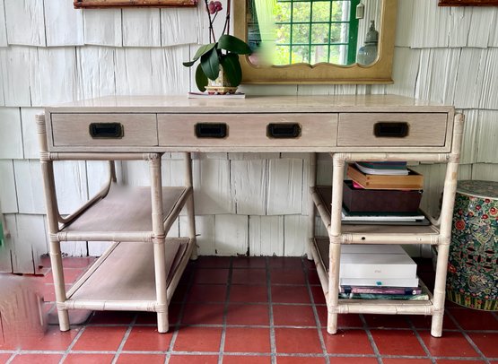 (E-3) WHITEWASHED WOOD CAMPAIGN STYLE DESK WITH RATTAN LEGS - 50' BY 27' BY 30'