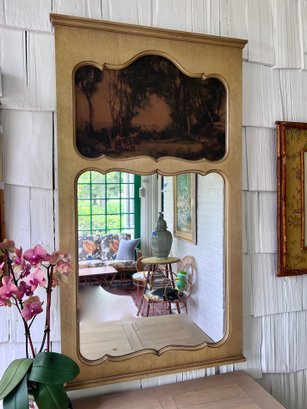 (E-4)  VINTAGE FRENCH PROVINCIAL WALL MIRROR WITH PRINTED FOREST DANCE SCENE - -27' BY 47'