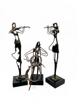 (LIB-12) TRIO OF BRASS ABSTRACT MODERNIST STATUES-FLUTE, VIOLIN & CELLO-CAN BE SHIPPED