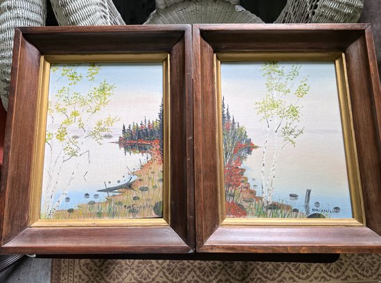 (KX) SWEET VINTAGE PAIR OF BOOK MATCHED OIL PAINTING LAKESIDE WITH BIRCH TREES SIGNED HW COPELAND -24' BY 18'
