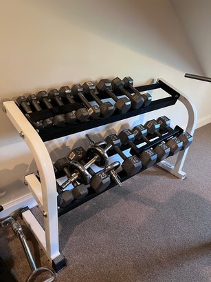 (GYM-6) COMPLETE BARBELL WEIGHTS  W/RACK AS SHOWN-LOCATED 3RD FLOOR-EXPERIENCED MOVER REQUIRED