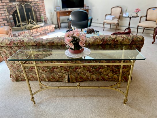 (DEN) VINTAGE BRASS & GLASS CONSOLE TABLE - SEE SOME PITTING TO METAL - 56' BY 16' BY 26'H