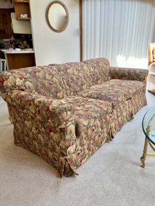 (DEN) THREE SEAT MUTED FOLIAGE UPHOLSTERED SOFA IN EXCELLENT CONDITION - 80' BY 30' BY 32'