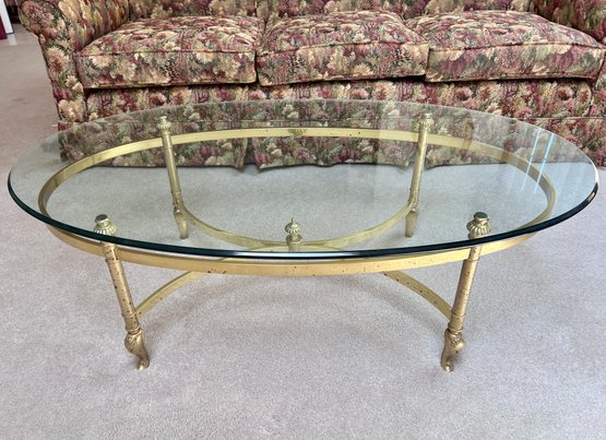 (DEN) VINTAGE BRASS & GLASS OVAL COFFEE TABLE - SEE SOME PITTING TO METAL - 48' BY 16' BY 28'H