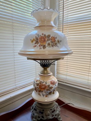 (O) VINTAGE MILK GLASS 'GONE WITH THE WIND LAMP' FLORAL STENCILED - 27' BY 13'