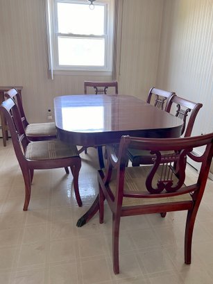 (UP) ANTIQUE MAHOGANY TWO PEDESTAL DINING TABLE WITH SIX LYRE BACK CHAIRS- 59' BY 36' BY 30'