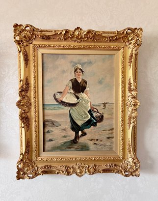 (UP) JOHN KOTZBAUER (1868-1938) ORIGINAL OIL PAINTING -FISH LADY AT THE SEA-ORNATE GOLD WOOD FRAME- 19' BY 24'