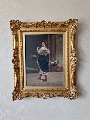 (UP) ORIGINAL UNSIGNED ANTIQUE OIL PAINTING  -COUNTRY WOMAN CARRYING BASKETS  IN ORNATE GOLD FRAME- 24' BY 19'