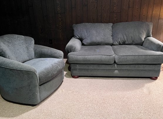(BA) KLAUSSNER FURNITURE SLATE BLUE UPHOLSTERED SOFA & ARMCHAIR - EXCELLENT CONDITION - 88' BY 40 & 34' BY 34'