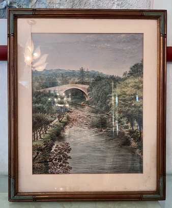 (DR) WILLIAM C. RYMER (1871-1895) ORIGINAL WATERCOLOR LANDSCAPE PAINTING WITH BRIDGE - 20' BY 17'