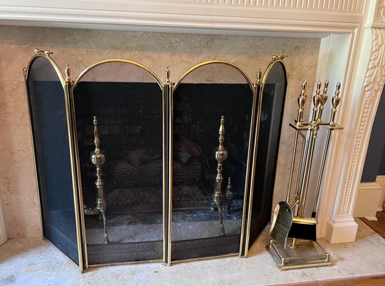 (A-10) BRASS FIREPLACE TOOLS INCLUDING ANDIRONS, FIVE PIECE TOOL SET & SCREEN -  44' BY 33'
