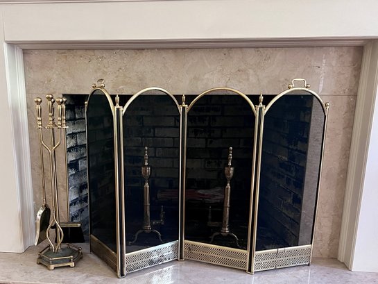 (B-14) BRASS FIREPLACE TOOLS INCLUDING ANDIRONS, FOUR PIECE TOOL SET & SCREEN -  34' BY 34'