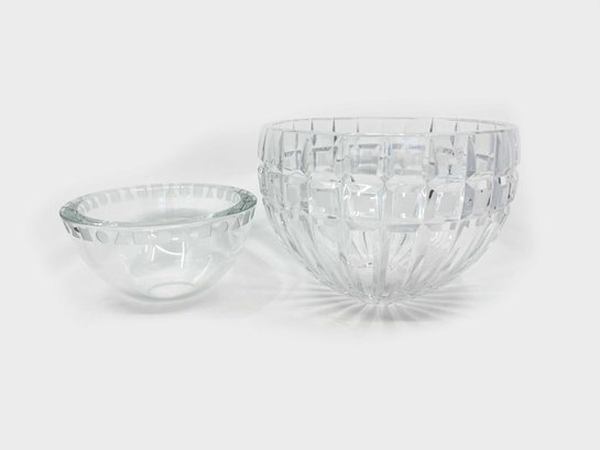 (A-2) VINTAGE LOT OF 2 CUT GLASS HEAVY GLASS BOWLS-1 MARKED SASAKI-6' X 3' & 8' X 6'