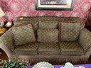 VINTAGE GREEN UPHOLSTERED SOFA WITH FRINGE TRIM & PILLOWS - GOOD CONDITION - 90' LONG BY 42' DEEP BY 28' HIGH
