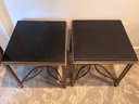 (C-4) MATCHING VINTAGE PAIR OF LOW BRASS & MARBLE END TABLES - HOLLYWOOD REGENCY - 18' BY 18' BY 18' HIGH