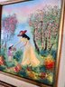 (W-9) FRAMED ENAMEL ON COPPER PAINTING - MOTHER & DAUGHTER WITH FLOWERS IN GARDEN - SIGNED - 16' BY 18'