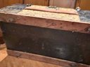 (F-8) FABULOUS ANTIQUE DECORATED STEAMER TRUNK - DOME LID, PRESSED TIN, WOOD, BRASS -24' BY 14' BY 14'