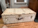 (F-11) ANTIQUE WHITE, FLAT LID METAL STEAMER TRUNK W/WILD INTERIOR - GREAT COFFEE TABLE-36' BY 20' BY 13' H.