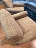 PAIR OF TAN UPHOLSTERED ARM CHAIRS - SOME WEAR TO PIPING, SEE PICS - 34' H BY 34' W BY 32' DEEP