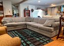 BASSETT LIGHT GRAY/BLUE UPHOLSTERED THREE PIECE SECTIONAL SOFA WITH PULLOUT BED - GREAT CONDITION -APPROX 100'