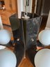 MID CENTURY MOD HANGING LIGHT FIXTURE - WOOD FRAME WITH SIX GLOBE LIGHTS - GRAY STEEL ACCENT - 22' ACROSS,16 H