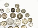 (A-23) LOT OF 34 VINTAGE US 90 SILVER ASSORTED COINS-HALF DOLLARS, QUARTERS & DIMES-101.28 DWT